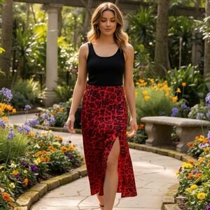 🍓NWOT Gorgeous Leopard Midi Red & Black Skirt